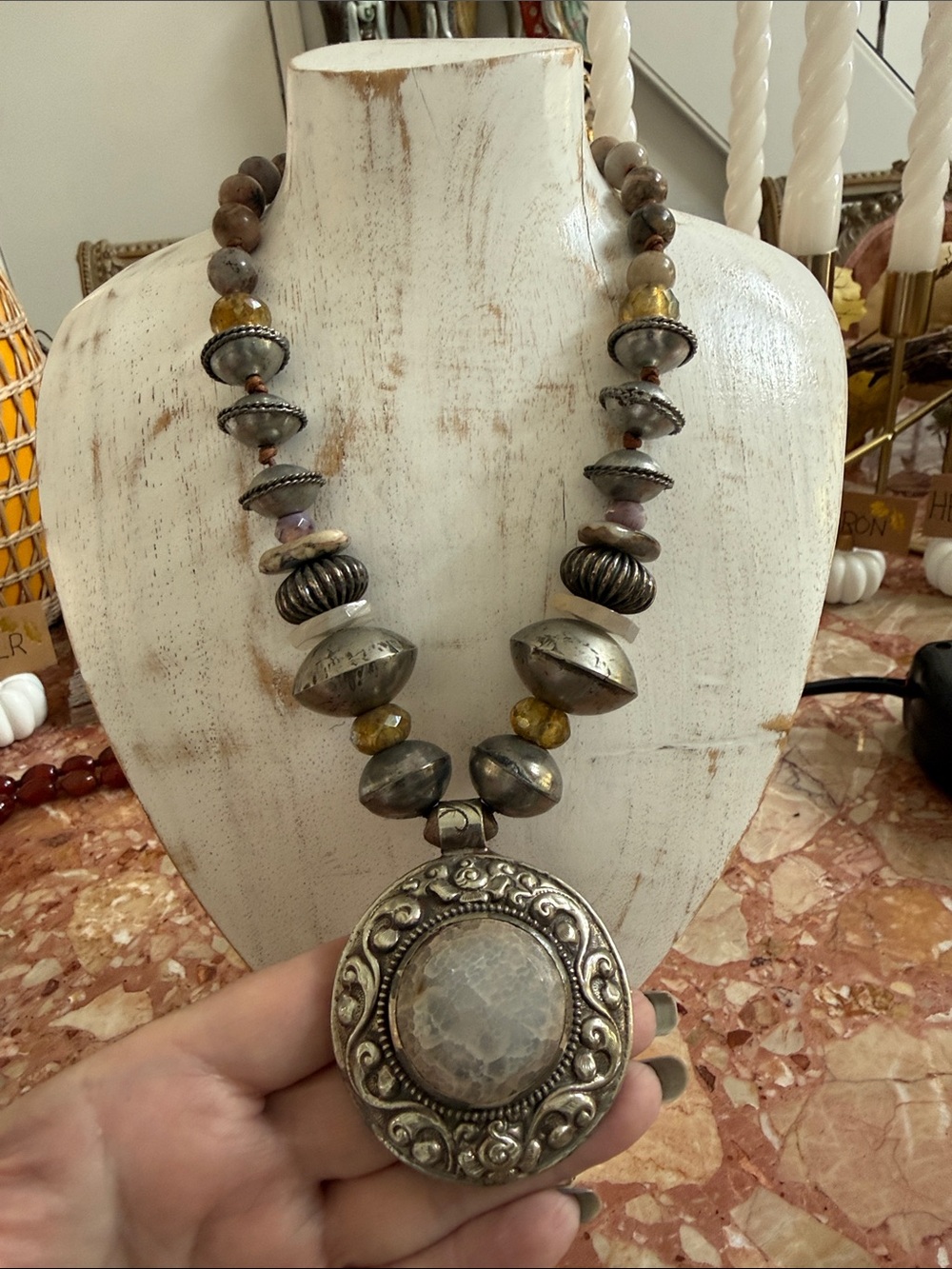 Handcrafted Silver Pendant Necklace with Beige Stone Beads